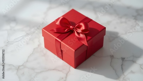 Beautiful red gift box with a satin ribbon on a marble background
