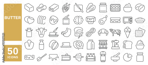 Set of 50 line icons related to butter, peanut, hazelnut, coconut, cashew, cocoa, walnut, almond, dairy, cream, margarine, Editable stroke. Vector illustration