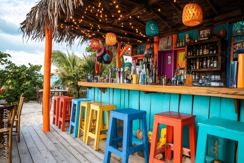Colorful beach bar offering refreshing drinks in tropical paradise