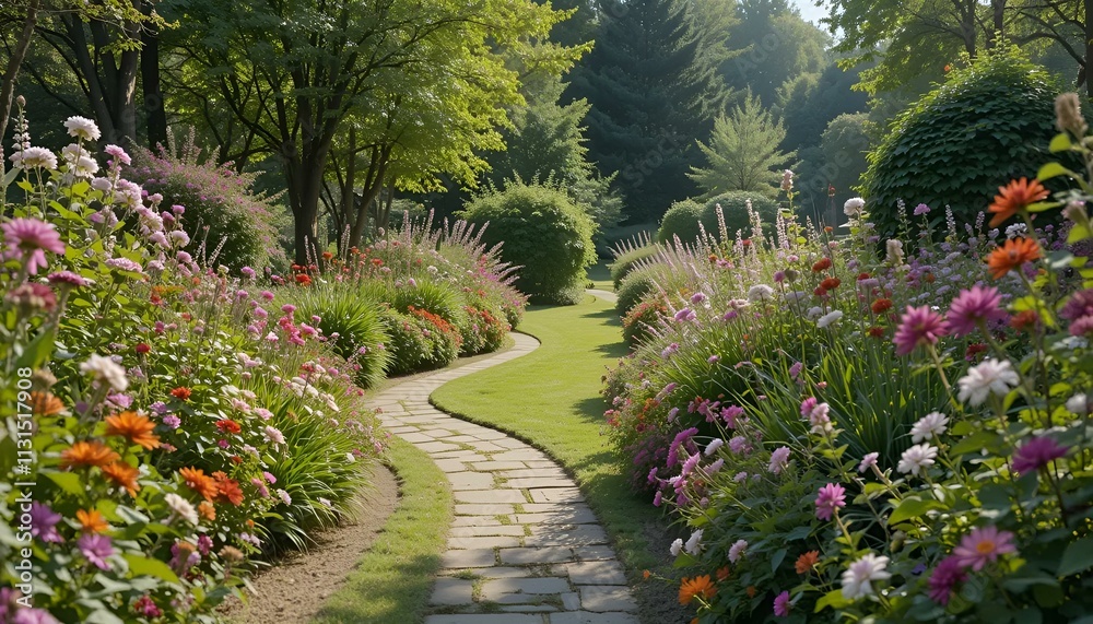 Fototapeta premium Beautiful garden pathway surrounded by blooming flowers and lush greenery, serene outdoor scene