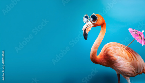 Standing confidently against a vivid aqua background, the flamboyant flamingo showcases oversized sunglasses and a miniature umbrella, radiating a playful and sassy vibe