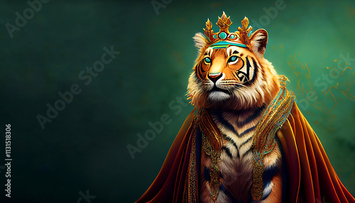 A majestic tiger stands elegantly, draped in regal fabrics, showcasing its vibrant orange and black stripes