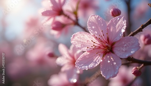 Beautiful cherry blossoms with droplets in soft morning light creating a serene mood