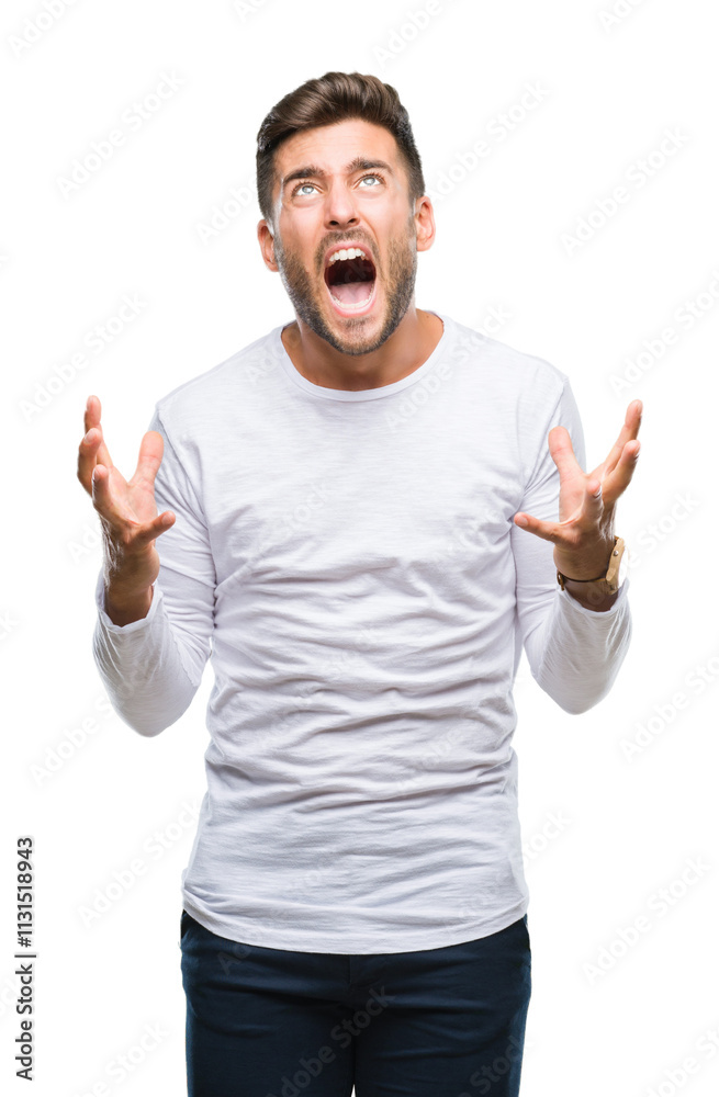 Fototapeta premium Young handsome man over isolated background crazy and mad shouting and yelling with aggressive expression and arms raised. Frustration concept.