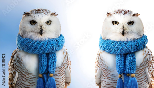 A charming snowy owl showcases its elegance, wrapped snugly in a bright blue scarf. The crisp white background highlights the owl's regal demeanor, capturing a delightful winter moment photo