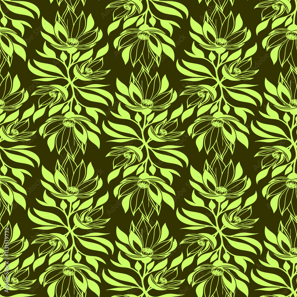 Fototapeta premium seamless green graphic floral pattern on olive background, texture