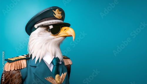 A breathtaking bald eagle perches regally, adorned in a stylish pilot's uniform. Its striking sunglasses add a playful touch to the scene, set against a vivid turquoise background