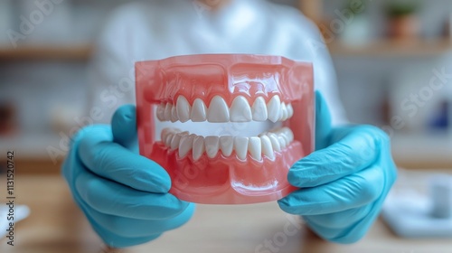 A dental expert in gloves holds a realistic model of a mouth displaying teeth and gums. The setting is a modern dental office, promoting awareness of oral hygiene and care techniques. photo