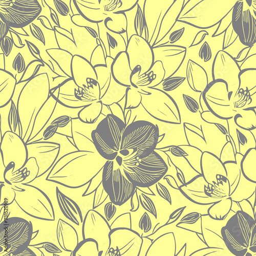 Wallpaper Mural simple seamless pattern of gray flowers on a yellow background, texture, design Torontodigital.ca