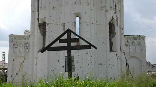 View to destroyed church at Kharkivska oblast. Ruined building after bomb attacks on ukrainian territory from russia army. Consequences of russian invasion of Ukraine. Slow motion