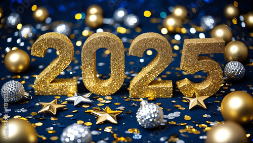Złote cyfry „2025” otoczone świątecznymi ozdobami, brokatem i gwiazdami na niebieskim tle, idealne na obchody Nowego Roku.