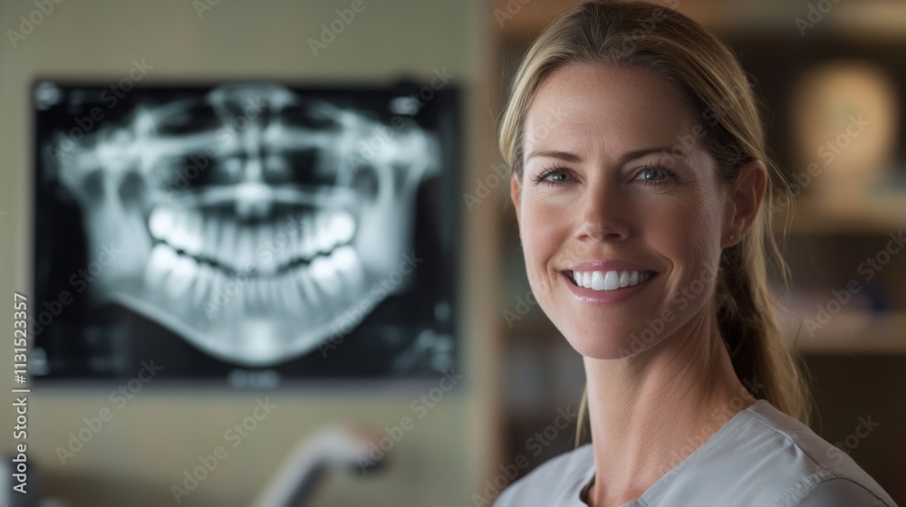 Fototapeta premium A dental professional smiles confidently in a modern clinic, showcasing advanced AI tools and a digital X-ray display. The environment reflects a commitment to patient care and innovative practices.