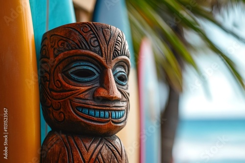 Traditional tiki statue smiling near colorful surfboards on a tropical beach photo