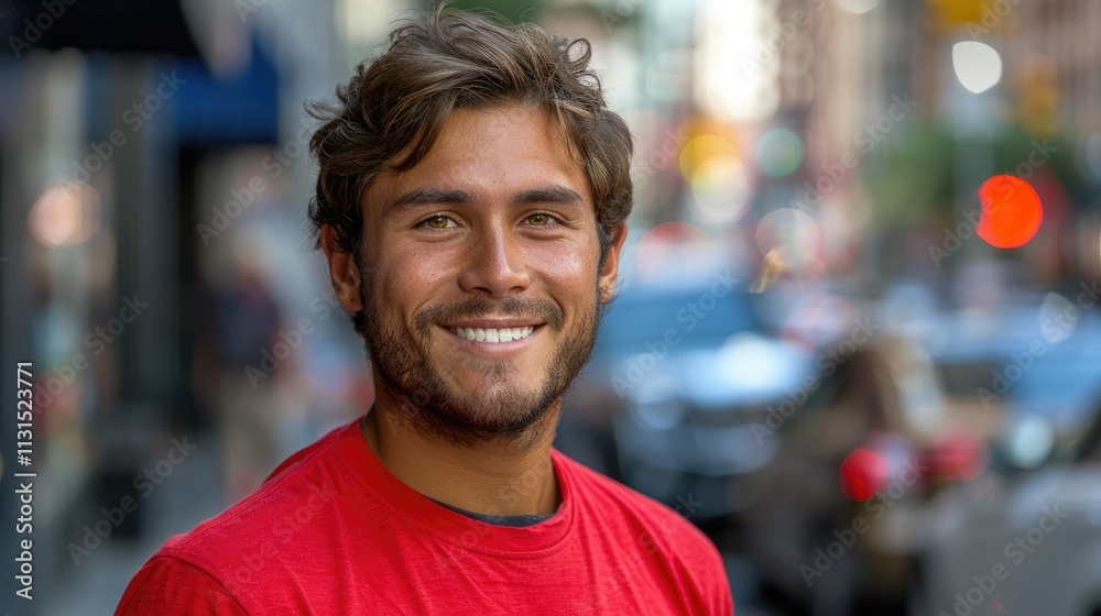 Obraz premium Happy young man smiling outdoors in urban setting.