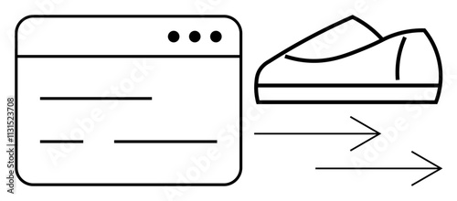 Web browser window adjacent to a shoe with arrows indicating speedy movement. Ideal for e-commerce, fast shipping, online retail, shopping, website design, user interface, delivery service. Line