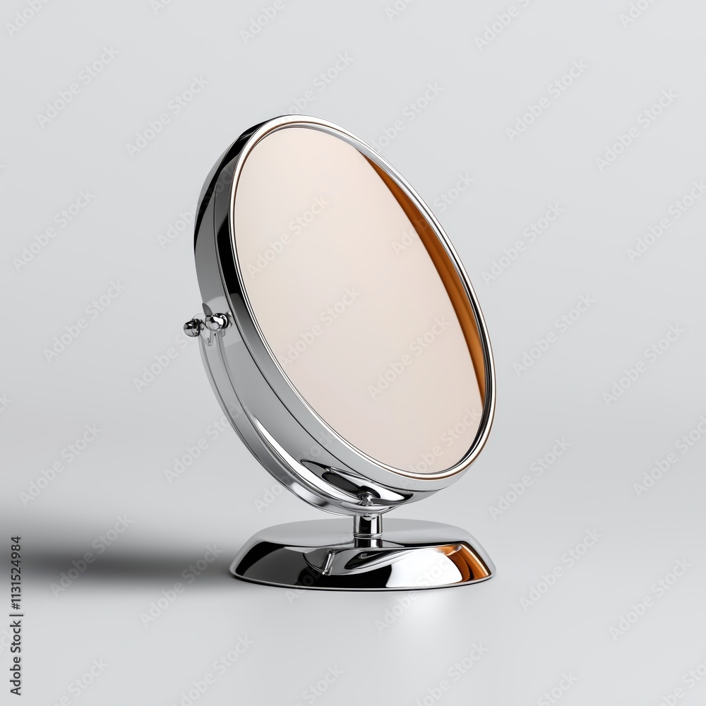 Fototapeta premium Elegant round tabletop mirror with polished silver frame and modern design isolated on white background
