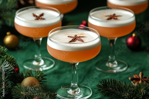 Elegant holiday cocktails in glassware with frothy top, adorned with star anise, surrounded by festive Christmas ornaments. photo