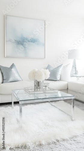 Bright, contemporary living room featuring white and silver decor, a glass coffee table, and plush textiles for a cozy feel. photo