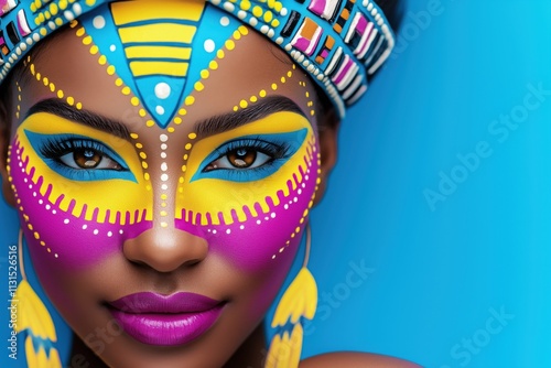 Close-up portrait featuring vibrant magenta and yellow face paint with striking neon blue lighting, capturing bold expressions and cultural artistry