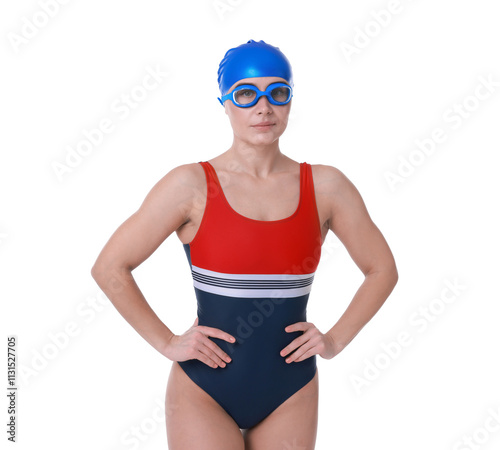 Professional sportswoman wearing swimsuit, swimming cap and goggles on white background photo