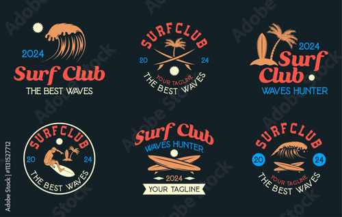 Vintage Surf club vector logo set template. Set of surfing emblems. Vector illustration set of logos on surfing theme. Surf club logo bundle. Surfing logo vector for t-shirt design photo