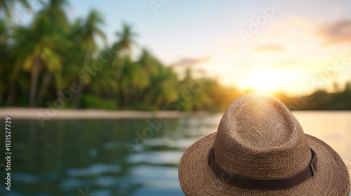 Tropical Sunset Straw Hat on a Beach at Golden Hour