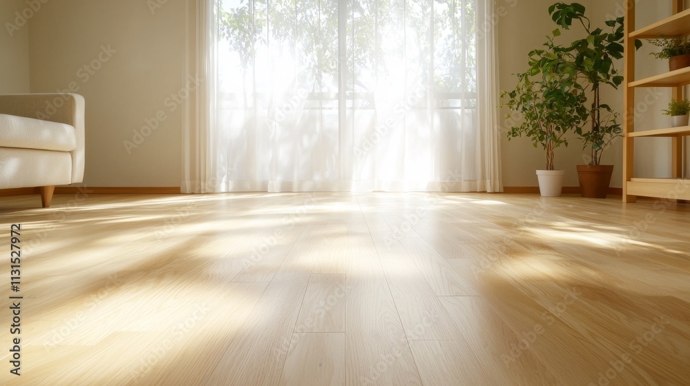 Fototapeta premium Sunlight Streaming Through Sheer Curtains onto Light Wood Floor