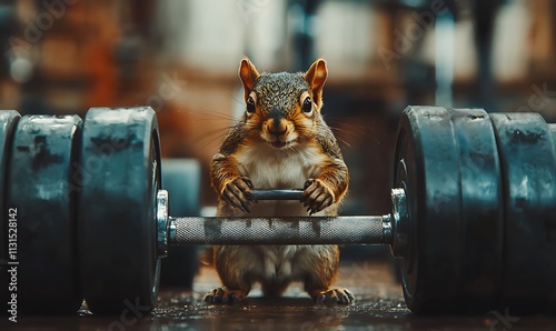 A determined squirrel lifts weights at the gym