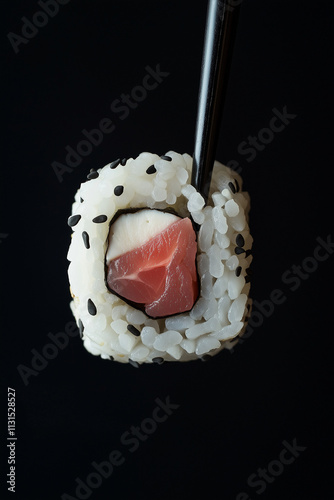 Exquisite Tuna Sushi Roll Close-Up with Black Sesame Garnish photo