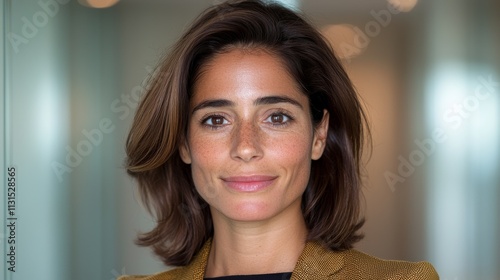 Portrait of a Woman Shoulder-Length Brown Hair, Freckled Complexion, Neutral Background