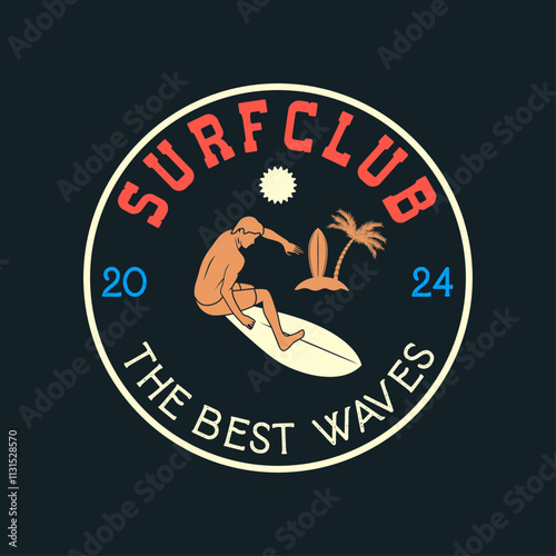 Vintage Surf club vector logo template. Retro surfing emblem isolated. Vector illustration of logo on surfing theme. Vintage surf club logo. Surfing logo vector for t-shirt design photo