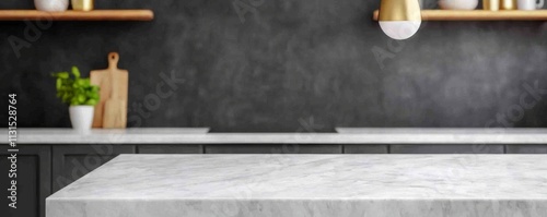 Modern Kitchen Marble Counter, Dark Backsplash, Gold Lighting