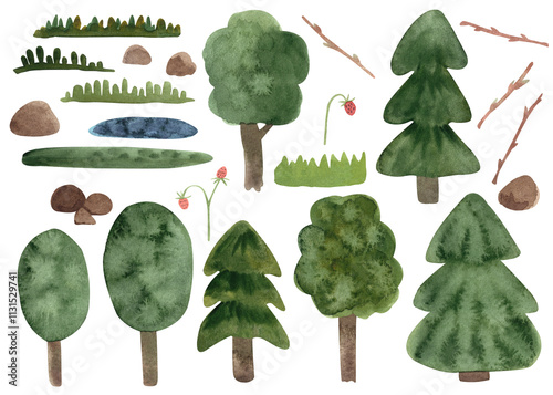 Hand drawn watercolor illustrations of forest plants in childish style. Natural summer landscape clipart collection: trees, strawberry, lake, stones, grass isolated on transparent background.