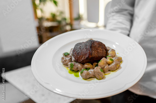 A beautifully plated gourmet dish featuring a succulent piece of meat served on a bed of creamy sauce and garnished with herbs. Ideal for food-related content, menus, or culinary presentations.