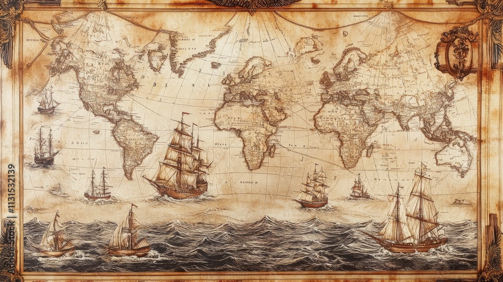 Fototapeta premium Antique world map; sailing ships on ocean waves.
