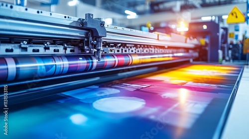 Large-format industrial printing press in action.