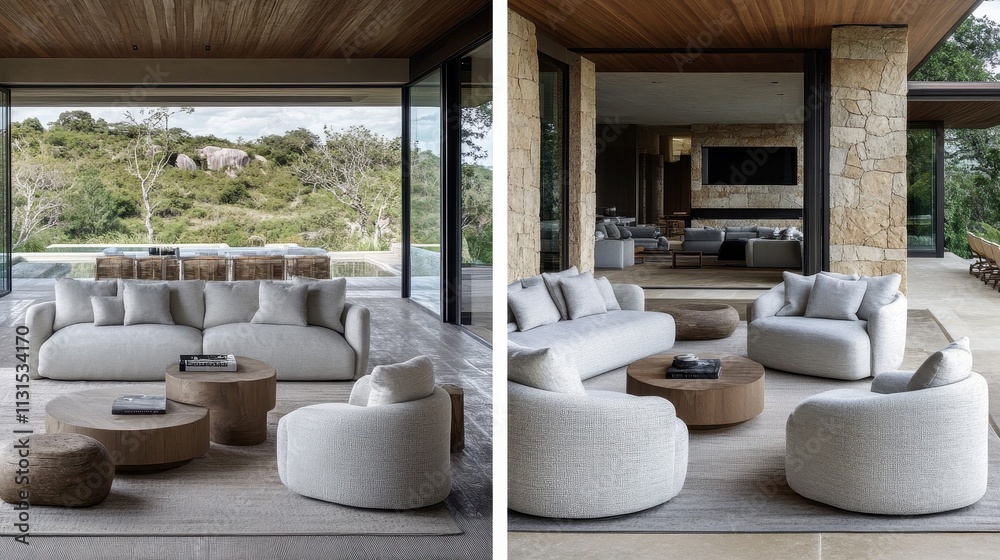 Fototapeta premium Modern Minimalist Living Room Overlooking Serene Landscape