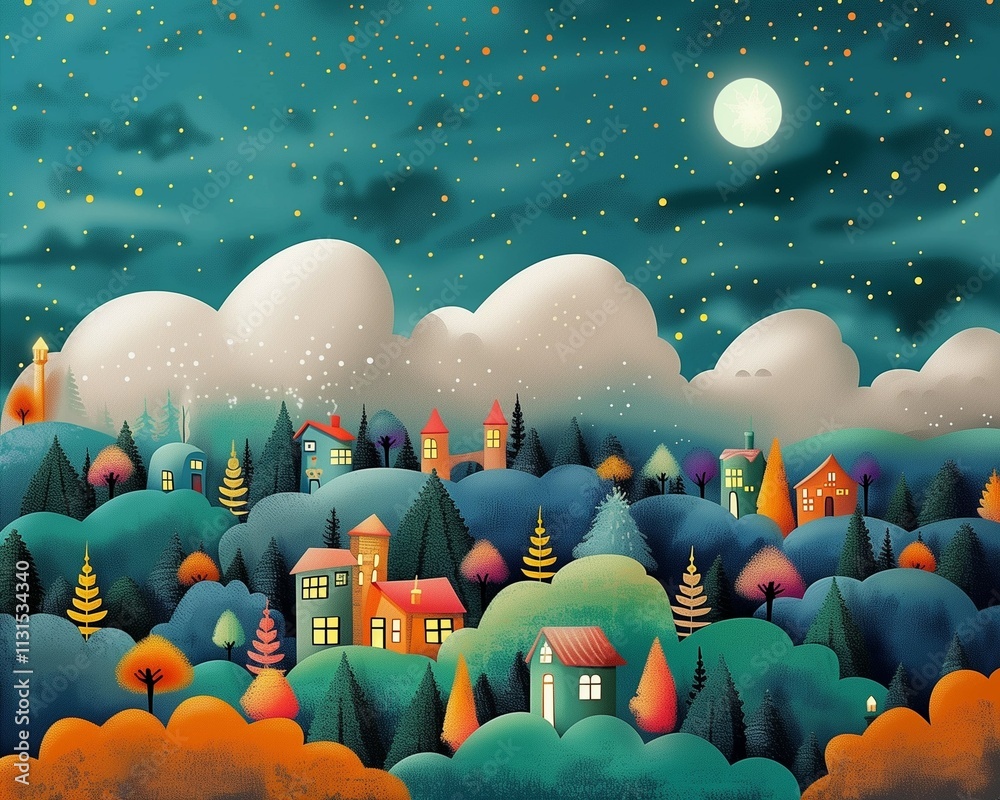 Fototapeta premium Idyllic night time village scene with lush hills and starry sky. Fairytale idea.
