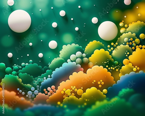 Abstract colorful spheres and bubbles in a vibrant background.