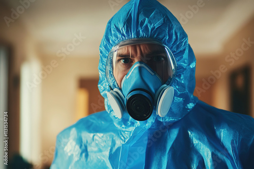 Pest control worker in mask, air filter and protective suit is ready for for exterminate rats and other vermin