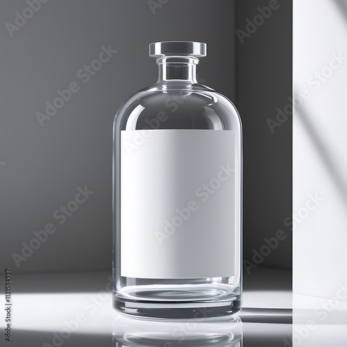 A high-contrast, professionally lit photograph of a sleek, transparent glass bottle or apothecary-style jar with a smooth, matte-finish blank label which is perfectly centered. photo