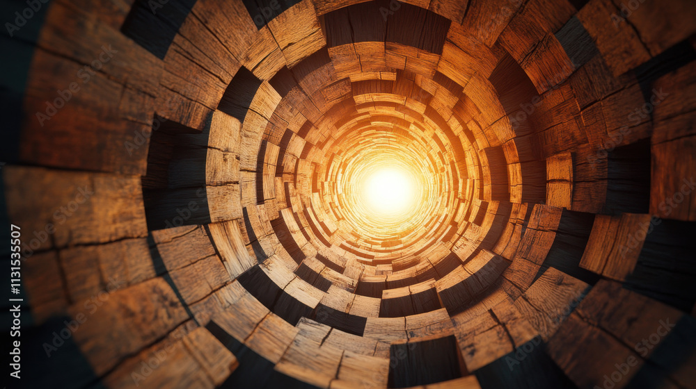Obraz premium A first-person perspective shows the interior of a wooden tunnel. Light floods in from the opening, creating a warm ambiance. The circular pattern enhances the depth of the passage.
