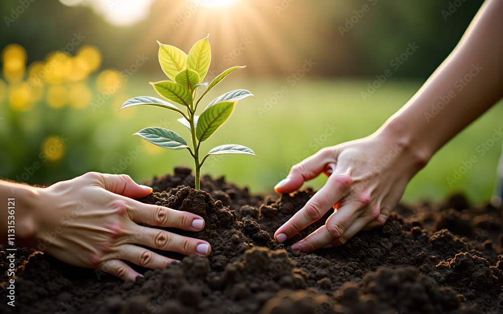 Fototapeta premium Planting Hope: Hands Nurturing a Sapling