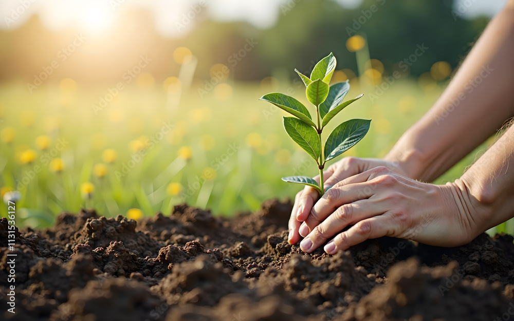 Fototapeta premium Planting Hope: Hands Nurturing a Sapling
