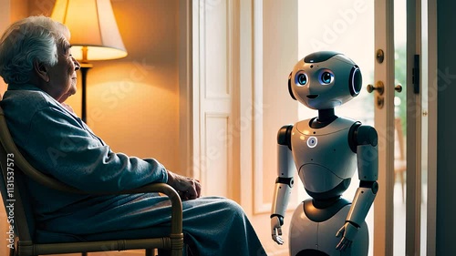 Elderly Woman Interacting with a Humanoid Robot in a Cozy Home Setting with Warm Lighting

 photo