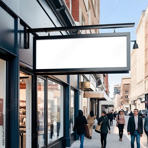 A blank signboard on the exterior of a retail store. sign is mounted above the entrance and is ready to display a logo or branding. The storefront is shown on a bustling street. photo