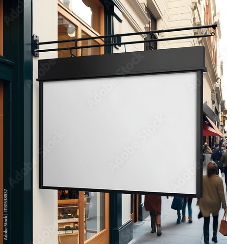 blank signboard on the exterior of a retail store. The sign is mounted above the entrance and is ready to display a logo or branding. The storefront is shown on a bustling street. photo