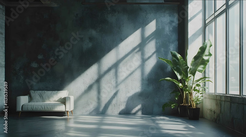 modern studio loft background window on right grey back wall light streaming in sofas on the floor and a plant 4k