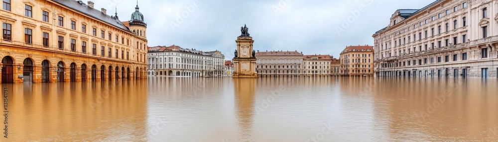 Fototapeta premium Abandoned city square under floodwater with iconic landmarks partially submerged, flood disaster, cultural loss