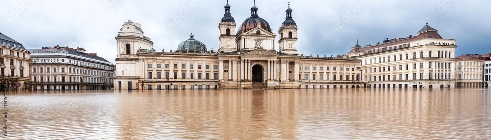 Naklejka premium Abandoned city square under floodwater with iconic landmarks partially submerged, flood disaster, cultural loss